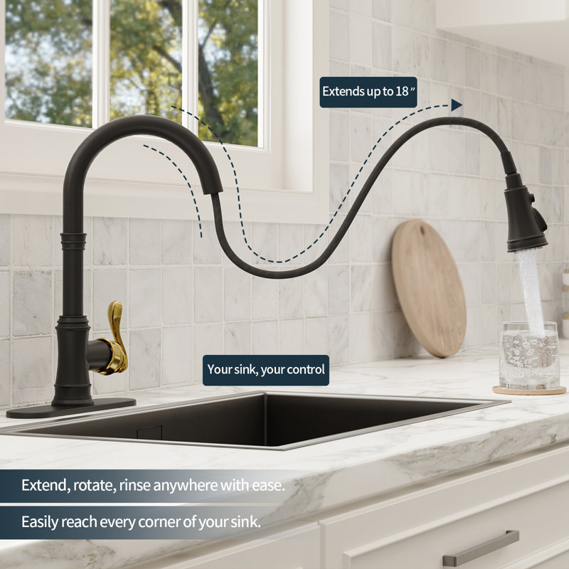 Swivel Pull-Down 3 Spray High Arc Single-Handle Kitchen Faucet With Deck Plate, Gold/Matte Black
