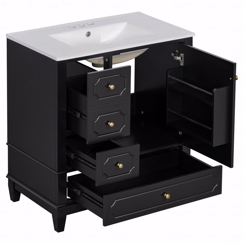Meuble-lavabo 30 po avec lavabo, meuble-lavabo autoportant noir avec lavabo en céramique, structure en bois massif, porte à fermeture en douceur, 3 tiroirs