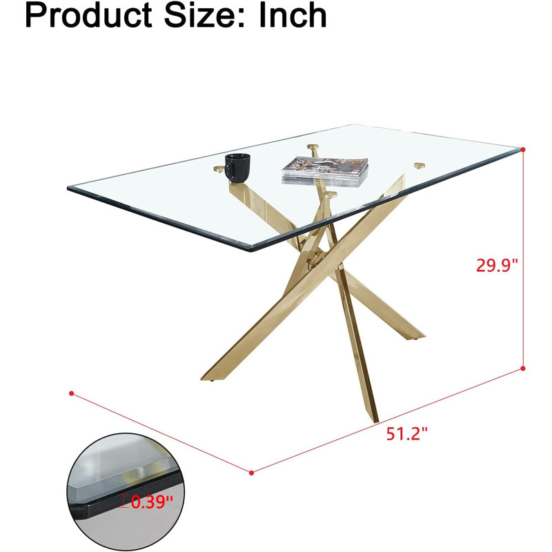 Tempered Glass Dining Table for 4 6, Modern 51" Rectangular Kitchen Dining Room Table for 4-6 with X-Shape Metal Base Large Clear Glass Top Dining Tables for Home Kitchen