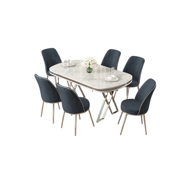 Ensemble de table et chaises de salle à manger moderne (7 pièces), laqué blanc et chrome, 66,1 po x 29,9 po x 35,4 po | Pieds en métal, chaises en tissu Babyface, 6 chaises (17,7 po x 35,8 po x 16,5 po) | Conception élégante en marbre pour la maison et l'accueil
