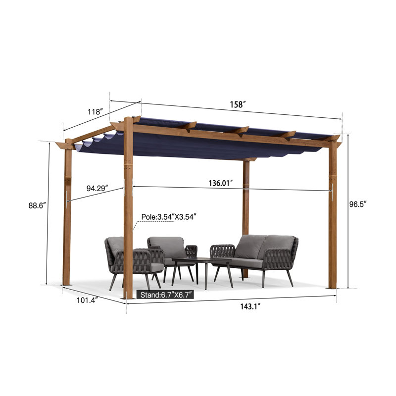 PURPLE LEAF 10' x 13' Outdoor Retractable Pergola with Sun Shade Canopy Metal Shelter for Patio Garden Pavilion Natural Wood Grain Frame Gazebo Modern Backyard Grill Pergola Navy Blue