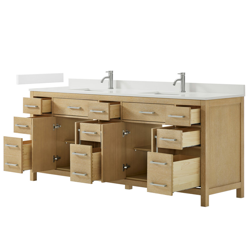 Beckett 84" Freestanding Double Bathroom Vanity with Cultured Marble Top, Whitewashed Oak, Brushed Nickel