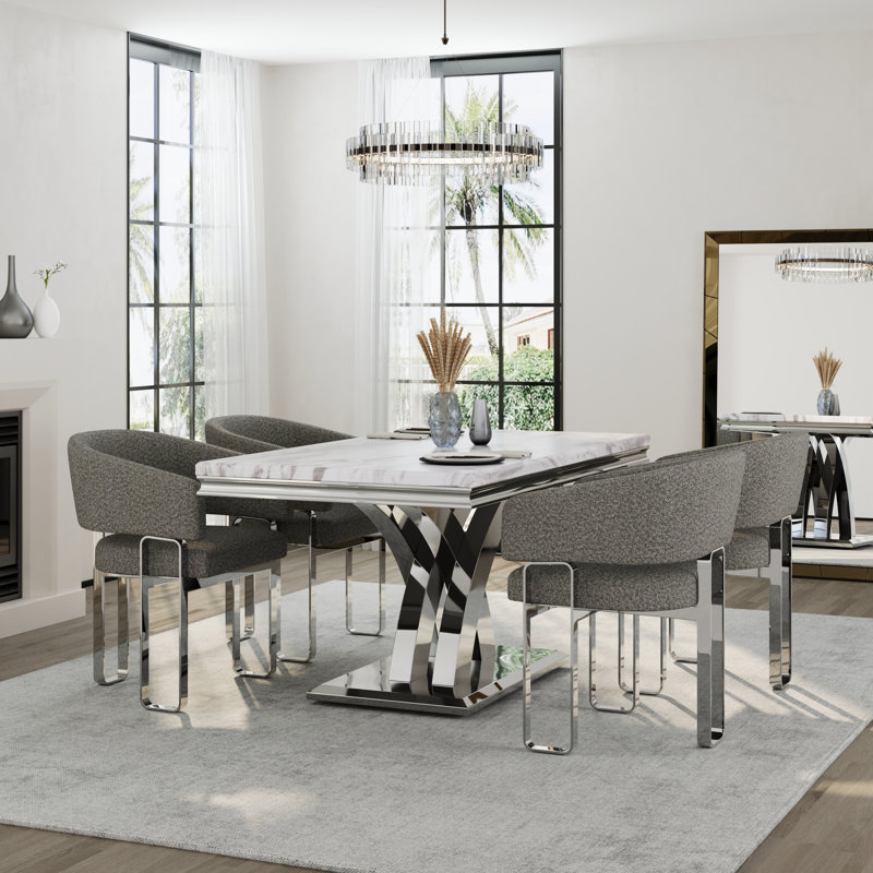 Ensemble de table de salle à manger 5 pièces en faux marbre et argent avec 4 chaises de salle à manger à accoudoirs bouclés gris