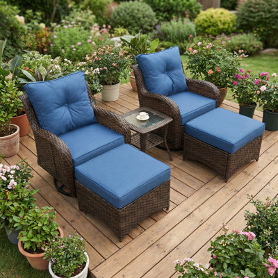 5-Piece Outdoor Wicker Patio Conversation Set with 6" Cushions, High Back Swivel Rocker Chairs & Coffee Table, All-Weather Olefin Fabric, Navy Blue