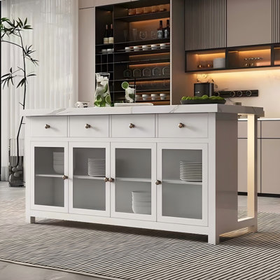 Îlot de cuisine 86,61 po en marbre blanc avec table de salle à manger