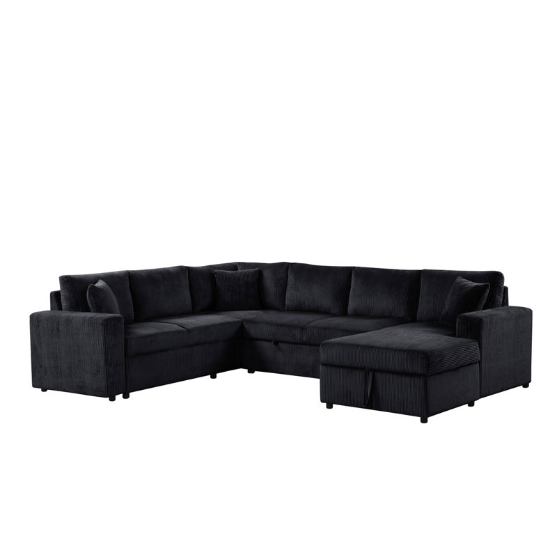 123"W Black Corduroy Sleeper Sectional Sofa With Right-Facing Storage Chaise And Throw Pillows, Black Corduroy