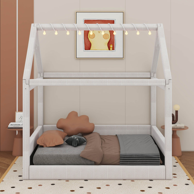 Lit plateforme tapissier pleine grandeur avec bandes lumineuses à DEL, structure de lit de jour en bois, Beige