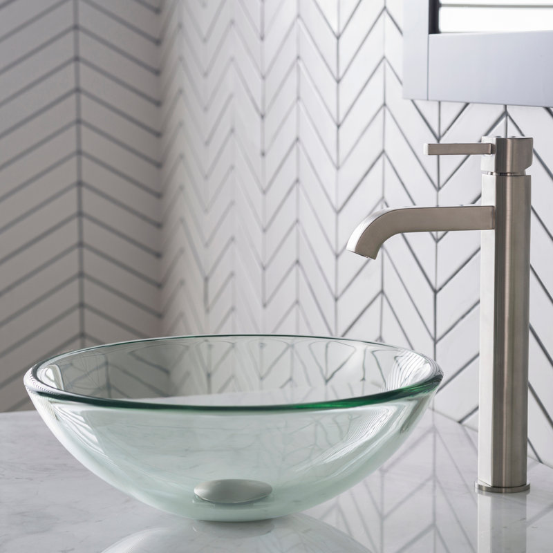 Frosted Glass Circular Vessel Bathroom Sink with Faucet, Satin Nickel