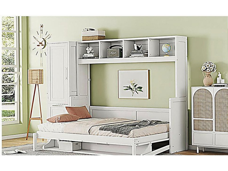Lit escamotable double pleine grandeur avec placard et tiroirs, blanc, Blanc, Double