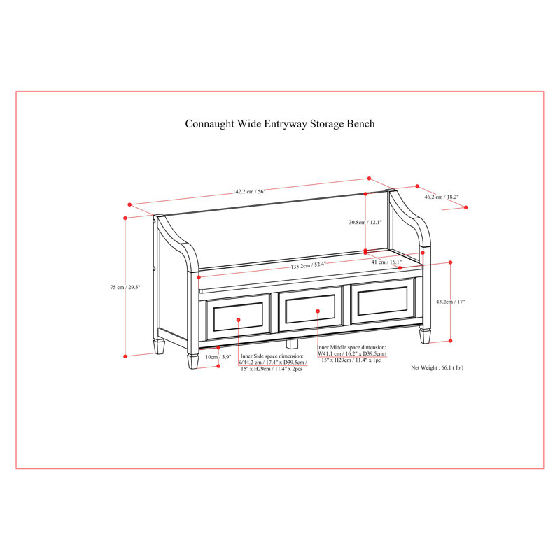 Connaught 56"W Solid Wood Wide Entryway Storage Bench with Lift-Top Lid and 3 Storage Compartments