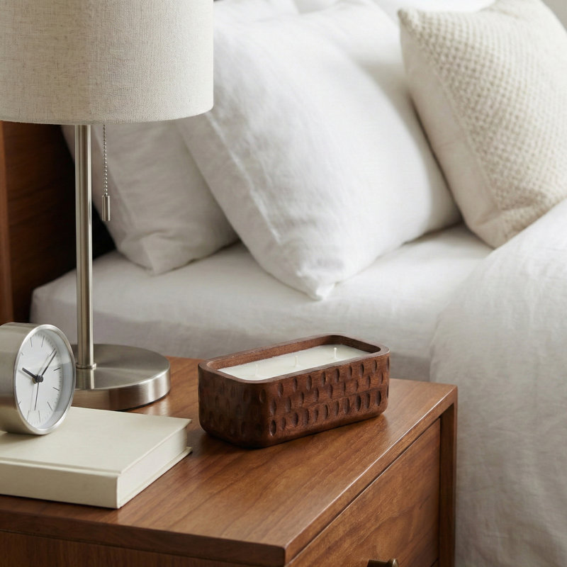 Bougie parfumée à la vanille Jeimi pour chambre à coucher décor de table de chevet - Bougie décorative en bois de manguier pour bibliothèque, table basse ou salon - 10 po, brun