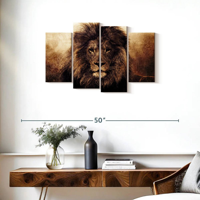 Tête de lion grunge sur toile 4 pièces, H 22 po x l 36 po x P 1 po