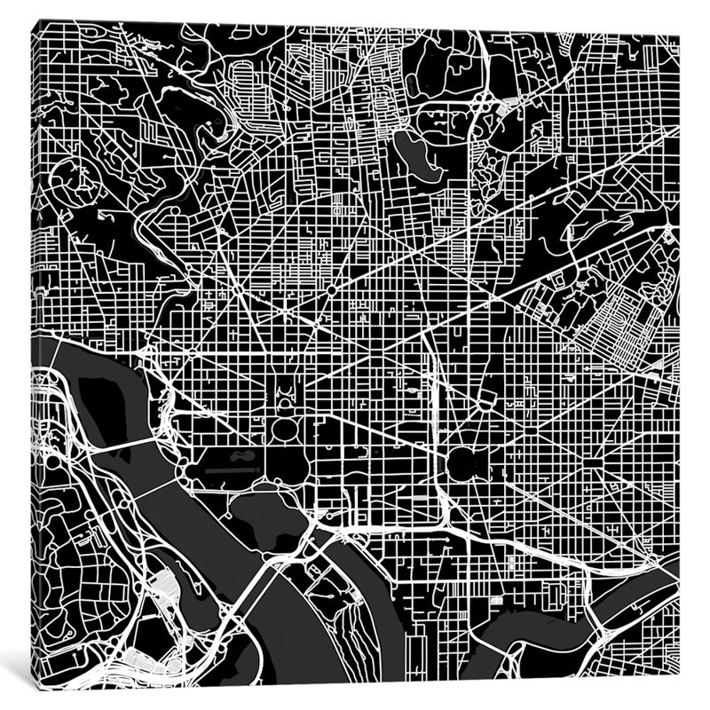 « washington d.c. routes », impression sur toile tendue en noir, H 18 po x l 18 po x P 1,5 po