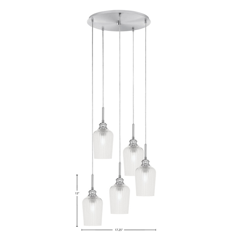 Edge 5 Light Cluster Pendalier With 5" Glass, Brushed Nickel, Clear Textured