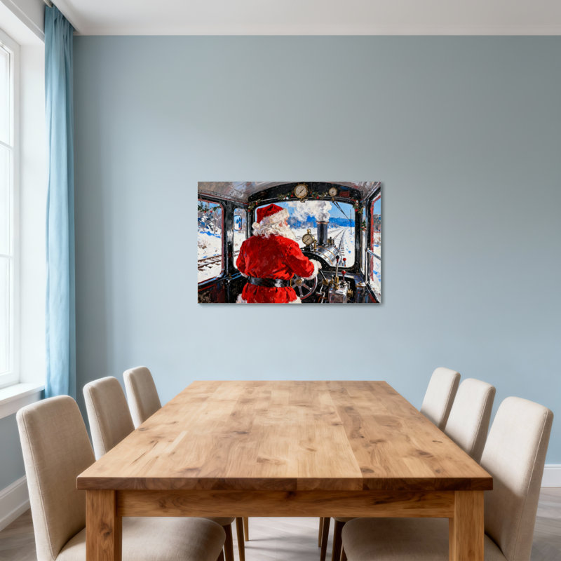 Christmas Santa Driving Steam Train Winter Scene, 12" H x 18" W