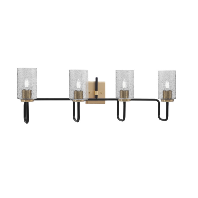 Barre d'éclairage de salle de bain 4 lumières Amarmula, noir mat et laiton vieilli, verre bullé 4 po, Transparent/noir