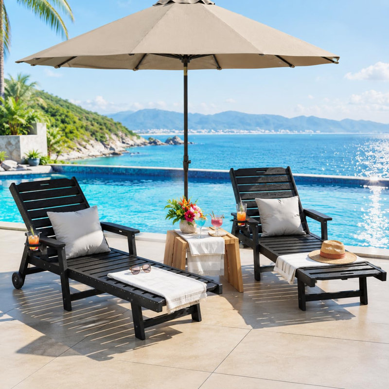 Ensemble de chaises longues de patio en PEHD toutes saisons de 2 à 78 po à 5 positions réglables, porte-gobelet, roulettes, 500 lb robustes, bois d'œuvre en poly, pour bord de piscine, terrasse, cour, couleur: noir