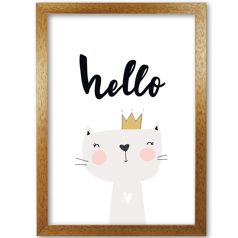 Hello Scandi Cat - Print, 30 cm H x 21 cm W x 5 cm D, Honey Oak Frame