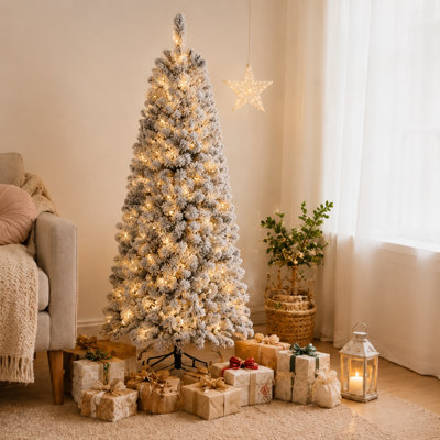 Arbre de Noël à charnière artificiel à charnière enneigé avec 300 lumières blanches chaudes, épinette à crayon floquée, choix de décoration pour les Fêtes de Noël