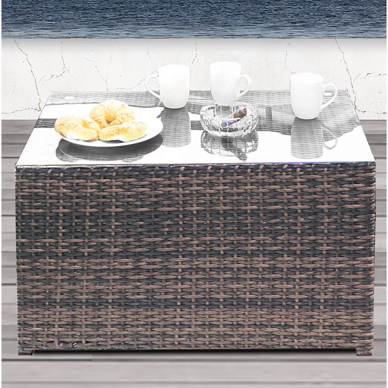 Table d'appoint moderne moderne avec plateau en verre et base en osier: L 33 po intérieur / patio / extérieur polyvalent