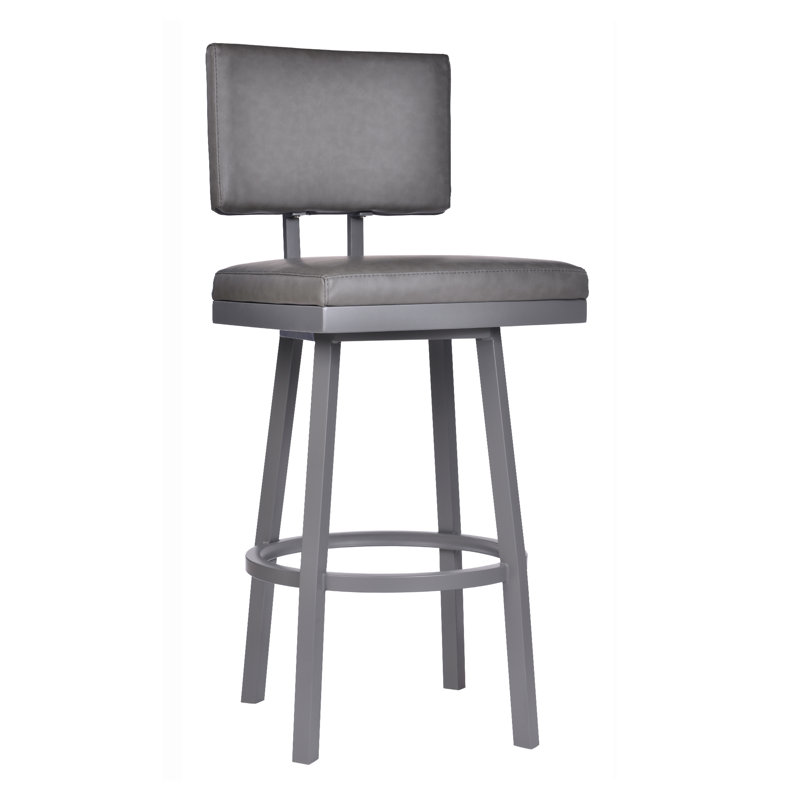 Nakagawa Swivel Counter or Bar Height Bar Stool with Footrest in Faux Leather and Metal Legs, Gray, Silver