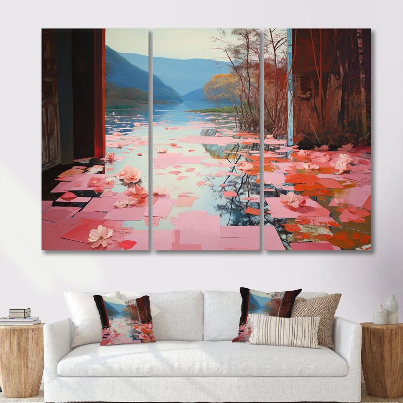 Ensemble de salon mural Serene Pink Lotus Lake - paysage abstrait, H 28 po x l 36 po x P 1 po, Toile tendue