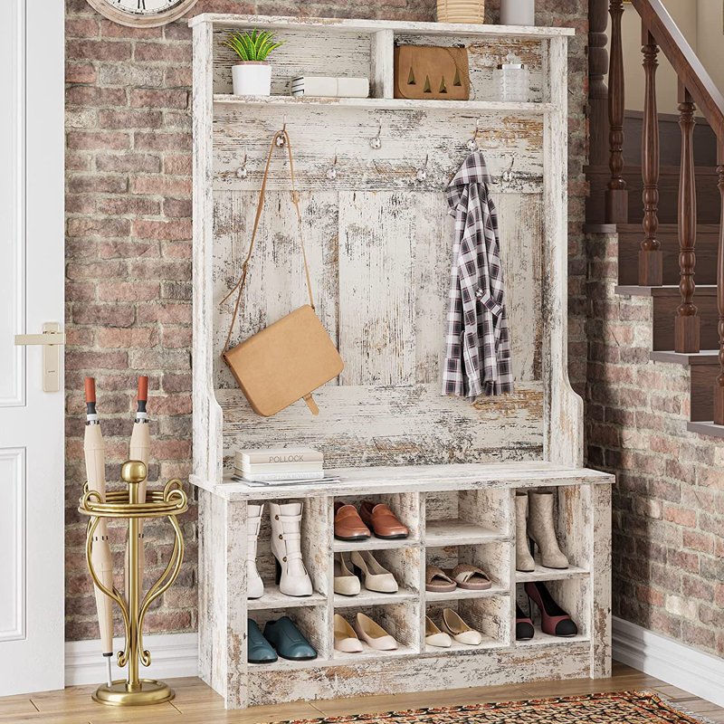 Portemanteau d'entrée avec banc et rangement pour chaussures, portemanteau 3-en-1 avec armoire réglable et crochets, blanc rétro
