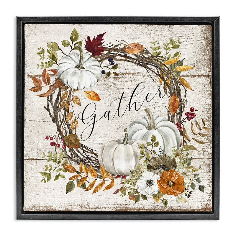 «Gather Autumnal Wreath», estampe numérique par LSR Design Studio, Cadre flottant noir de jais, H 18 po x l 18 po
