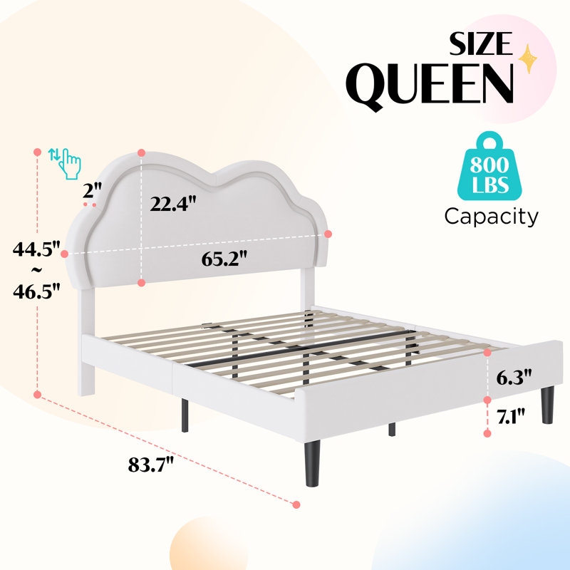 Landover Quenn Upholstered Platform Bed with LED Cloud-Shaped Headboard, Cream, Queen, Cream