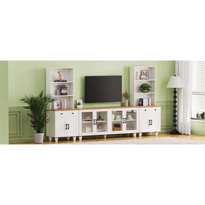 70" Tv Stand With Gourd-Shaped Legs, Entertainment Center Bookshelves & Glass Doors, Adjustable Shelves, White Living Room Furniture Solid Wood Leg Stand, Capacity, Bookcases, Tempered