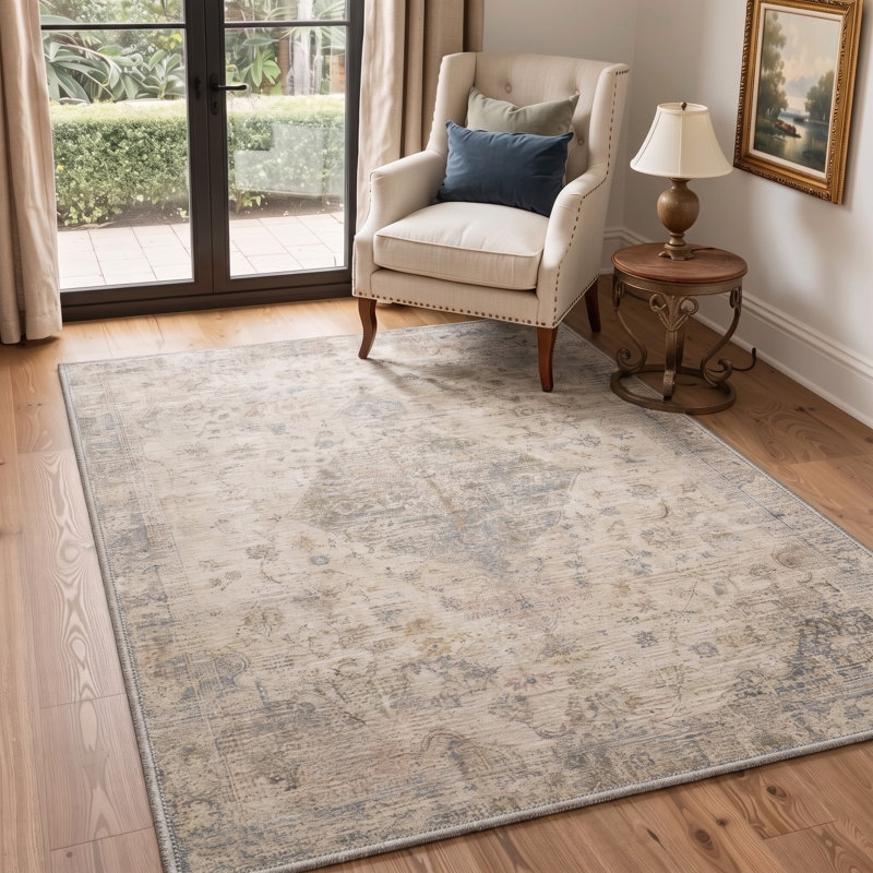 Tapis oriental beige / gris lavable à la machine avec envers antidérapant, Rectangle 6 pi x 9 pi