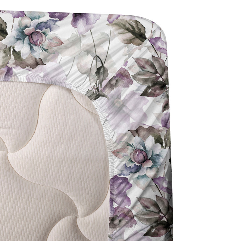 Ambesonne Floral Sheet Set Pattern of Blooming Flowers Lilac White and Slate Brown, Queen Sheet Set with 2 Pillowcases