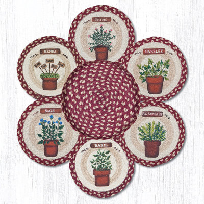  Trivet – Herbs Printed Round Braided Jute Trivets in Basket, 10"x10", Rustic Kitchen Décor
