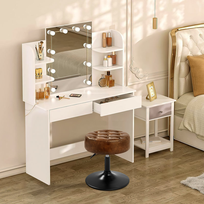Tabouret de coiffeuse en cuir, Simili cuir brun foncé, Noir