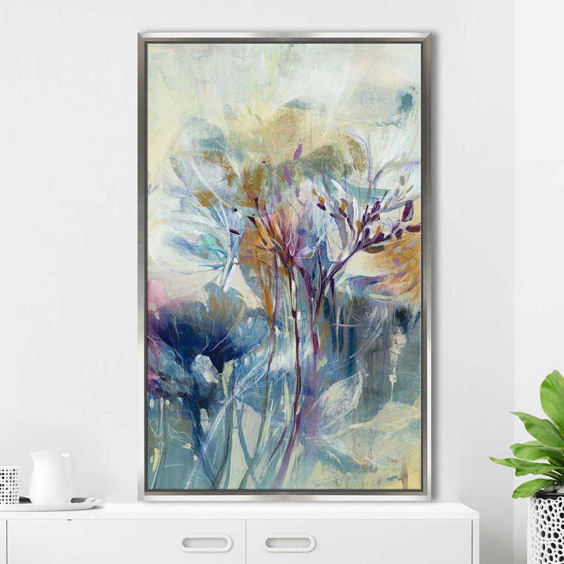 «Meadow Safran II» par K.Nari - Peinture, Cadre flottant argent, H 51,5 po x l 31,5 po x P 2 po