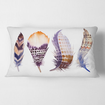 Coussin décoratif mauve à motif de plumes de bohème mauve et éclectique