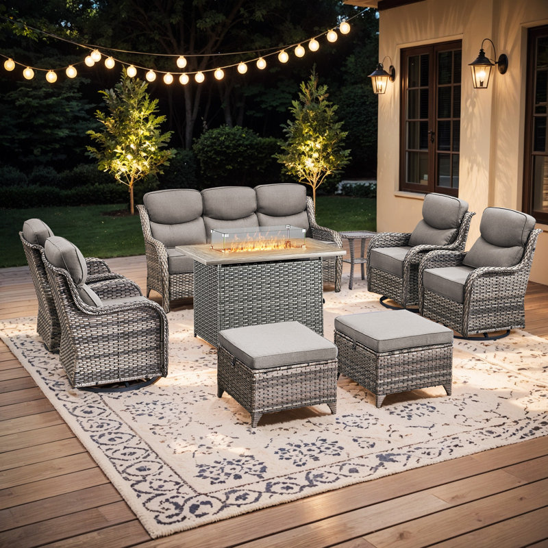 Wickes 9-Piece Outdoor Wicker Patio Conversation Set With Rectangle Fire Pit, 3-Seat Sofa, Ottomans, 4 Swivel Gliders And Side Table