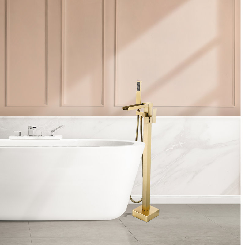 2 Handle Floor Freestanding Tub Filler with Diverter, Brushed Gold
