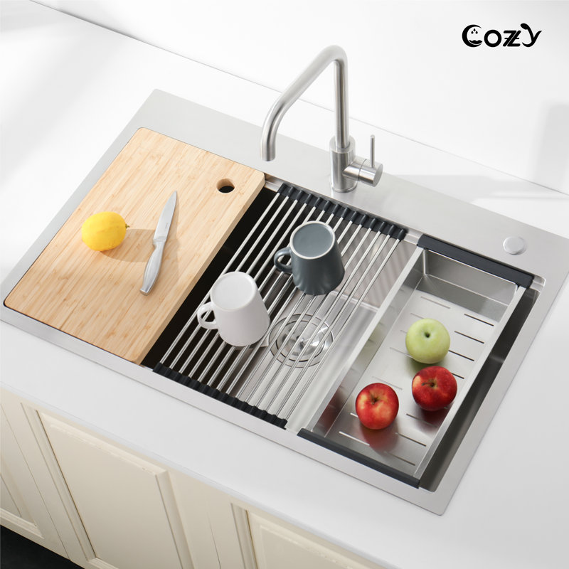 33" L Drop-In Single Bowl Stainless Steel Kitchen Workstation Sink with Colander, Basket Strainer, Cutting Board, Dish Rack
