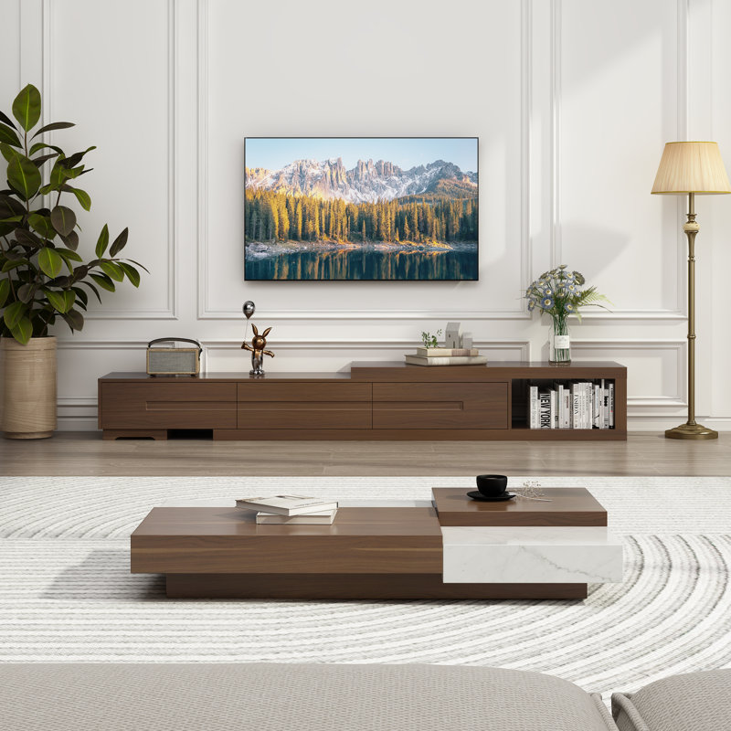 Meuble télé extensible, centre multimédia réversible en bois avec 3 grands tiroirs, Walnut, No
