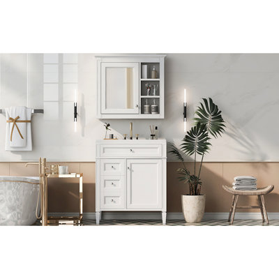 Meuble-lavabo de 30 po avec lavabo élégant, 2 tiroirs, armoire à miroir, lavabo de rangement blanc de style, décoration intérieure