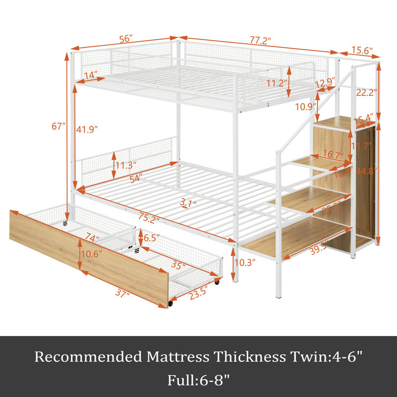 Lit superposé simple au-dessus d'un lit double en métal avec tiroir et échelle de rangement latérale et garde-robe, Blanc
