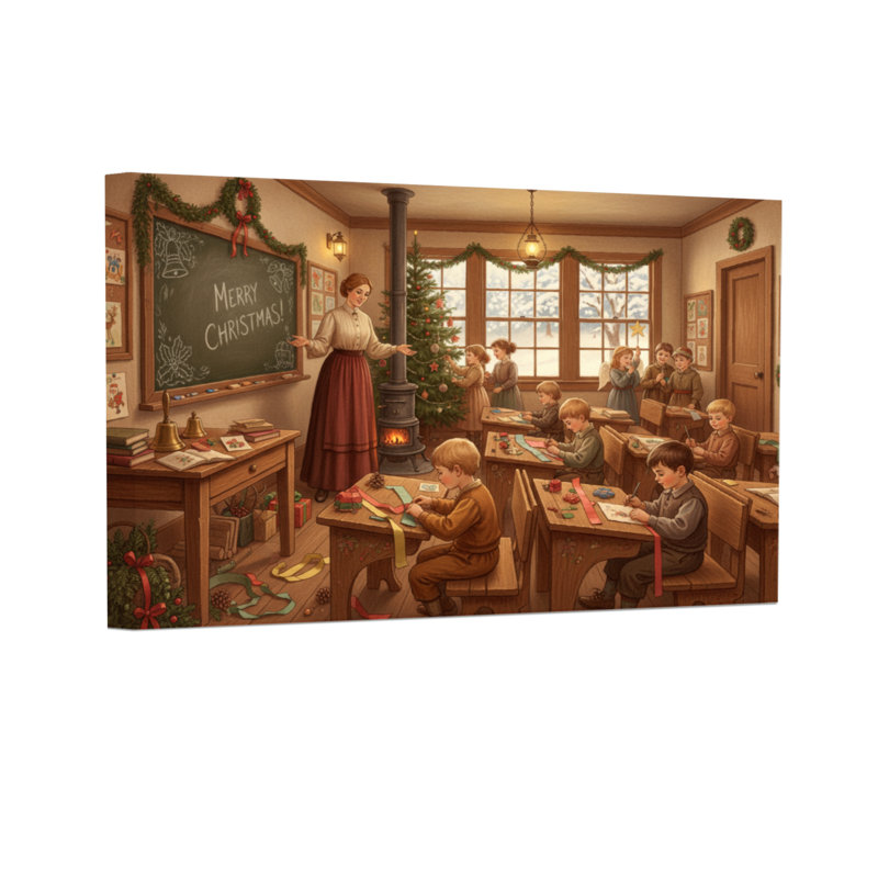 Scène de classe de Noël avec enfants et enseignant, H 20 po x l 30 po