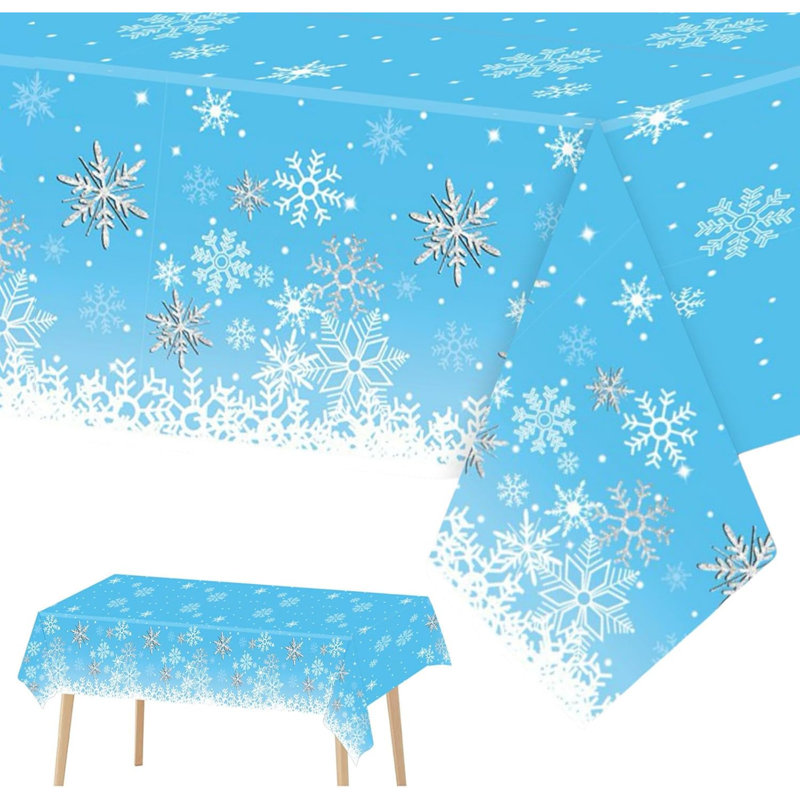 2PCS Christmas Tablecloth - 130*220cm Blue Snowflake Rectangle Table Cover - Disposable Plastic for Xmas Party, Winter Holiday Frozen Decoration