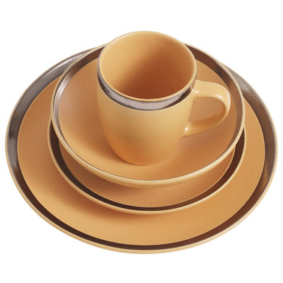 Round Kitchen Dinnerware Sets, Plates And Bowls, Dinner Plates, Cereal Bowls, Stoneware Dinnerware, 16 Piece, (Yellow And Gold Rim)