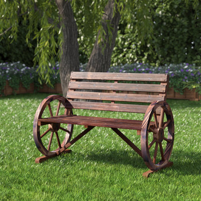 Kasandra 41" Wooden Wagon Wheel Bench, Rustic Outdoor Patio Weather Resistance Furniture, 2-Person Slatted Seat Bench with Backrest, Carbonized by August Grove