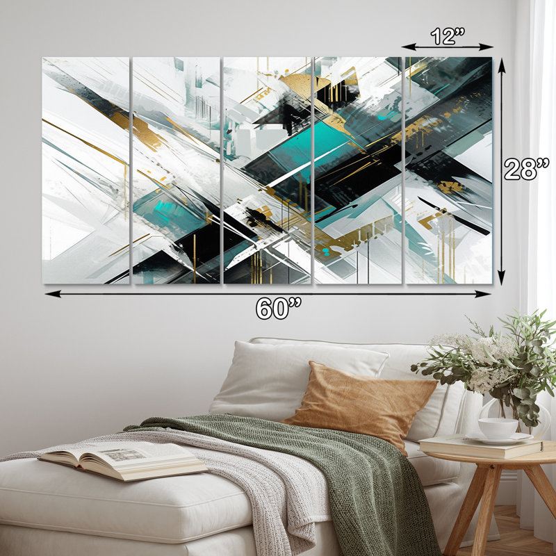 «Teal» noir cubiste kaléidoscope sur métal, art mural 5 pièces