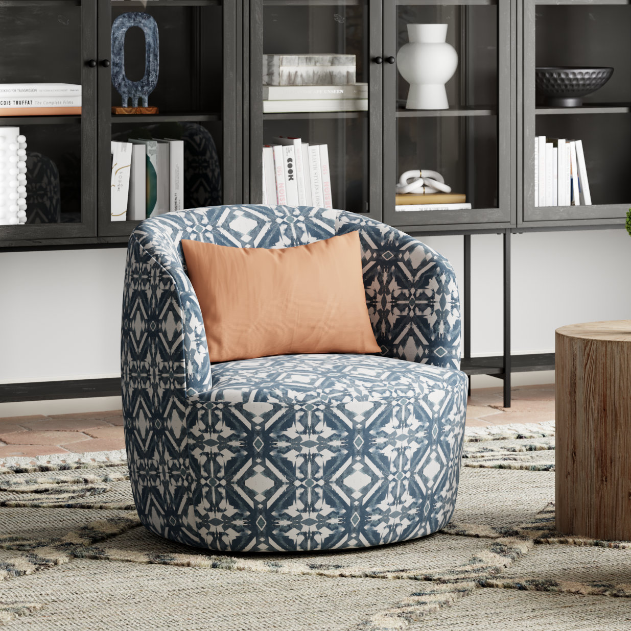 Mina Cotton Swivel Barrel Chair, Asha Blue Ikat