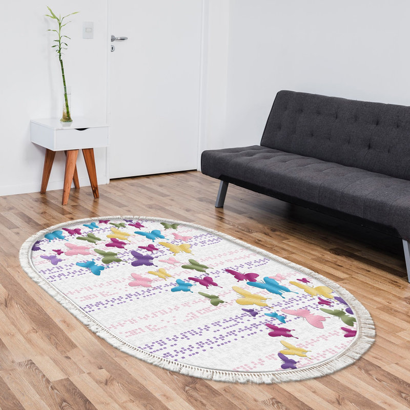 Tapis bleu / rose / jaune en polyester tissé à plat Cyril, Ovale 3 pi 11 po x 5 pi 11 po