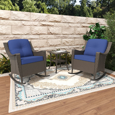 3 Pieces Outdoor Wicker Rocking Conversation Chair Set With Side Table - Embrace Relaxation In Style by Red Barrel Studio